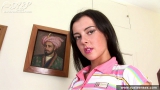 Teen brunette masturbates her shaved pussy