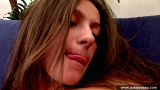 Russian teen brunette teasing her shaved pussy