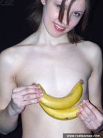 Russian teen masturbates her shaved pussy with banana