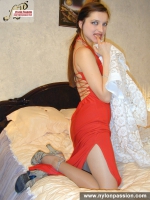 Pantyhose fetish brunette in red dress