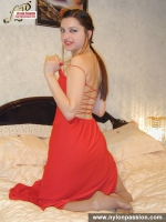 Pantyhose fetish brunette in red dress