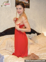 Pantyhose fetish brunette in red dress