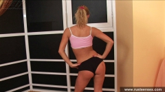 Russian teen blonde dildo fuck in gymnasium - N