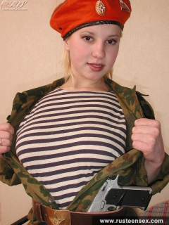 Russian teen in military uniform masturbates with dildo - N