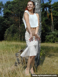 Pantyhose teen girl posing in nylon outdoor - N