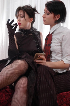 Two lesbian kissing while smoking - N