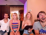 Amateur blonde teen handles threesome fuck