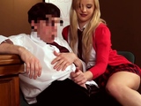 Blonde CFNM stud tugging cock to teacher