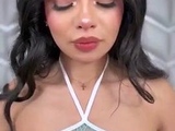 Busty curly brunette with big boobs fucks on couch