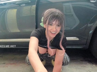 Busty curly brunette with big boobs fucks on couch