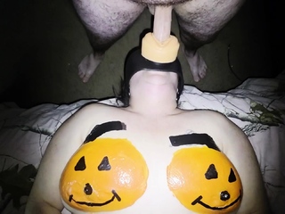 Pumpkin tits wife face fucked in pussy mask Happy Halloween